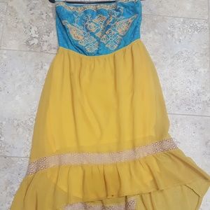 Gold and blue high-low dress